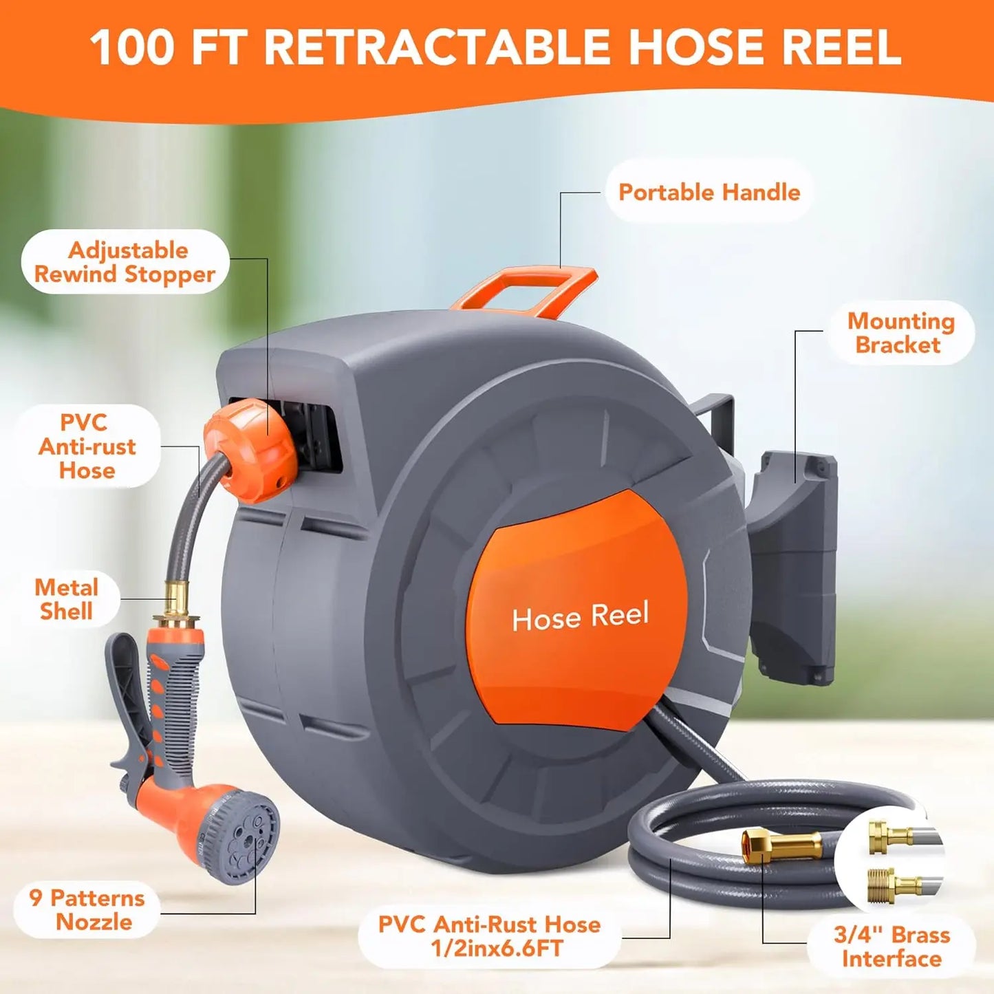 Retractable Garden Hose Reel 1/2 in X 100 FT Wall Mounted Water Hose Reels for outside with 9 Function Sprayer Nozzle