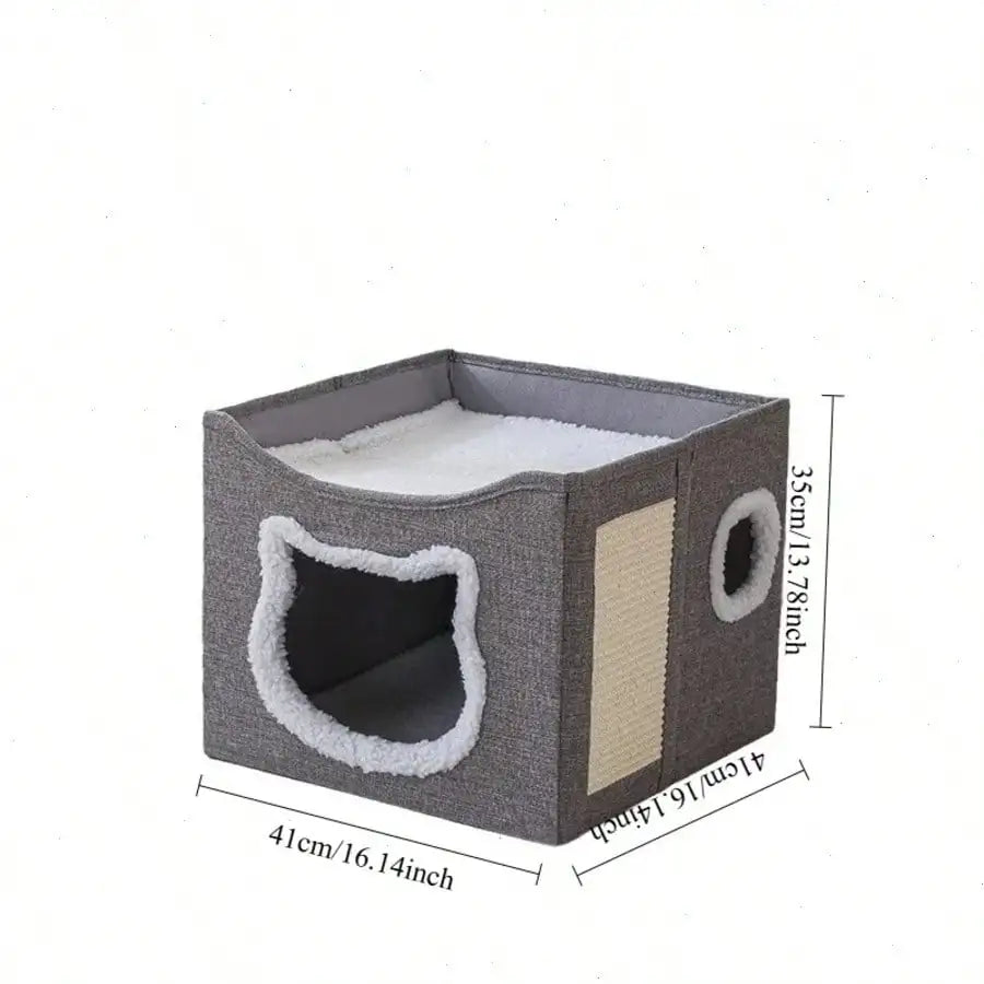 4-Season Multi-Level Cat House: Foldable Indoor Play Cube with 2-Layer Bed, Toy Tunnel, Scratching Board, Climbing Rope, Soft Cushions, and Non-Slip Base - Perfect Cat Cave & Warm Bed for Small to Large Cats (Grey)