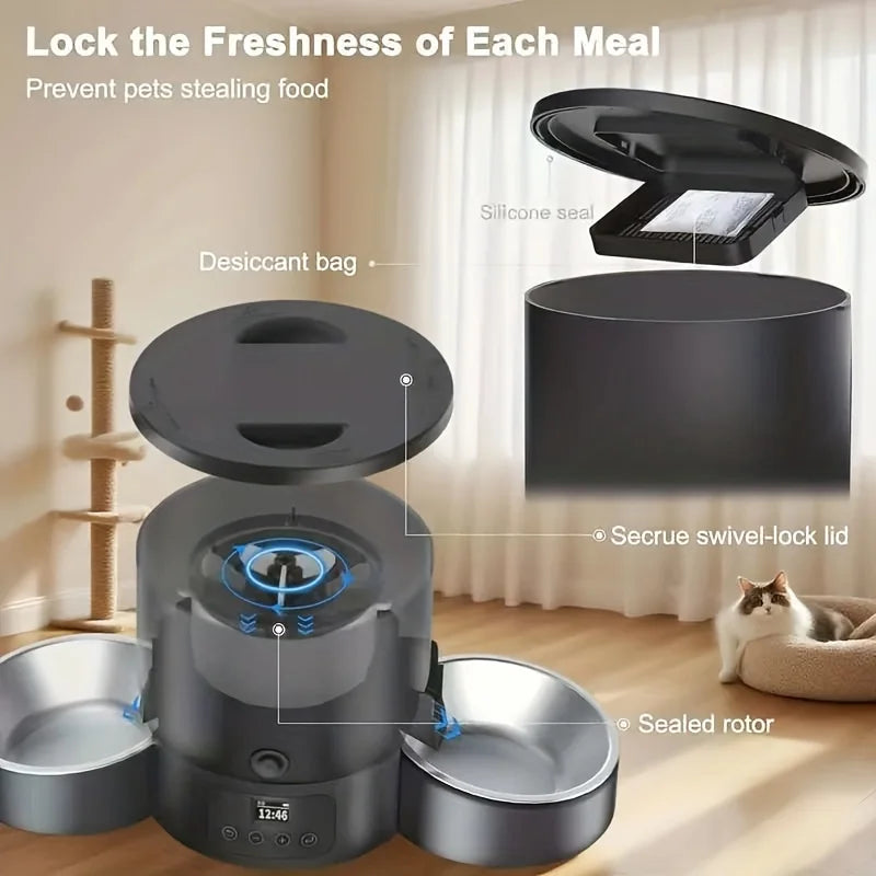 102.5Oz Automatic Cat Feeder, 3L Capacity, Button Operation, Timed and Quantitative Feeding, Cat and Dog Feeder, Set 1-6 Times of Feeding, Moisture-Proof and Fresh Lock, Dual Power Supply, Stainless Steel Food Bowl, Suitable for Multi Pet Families