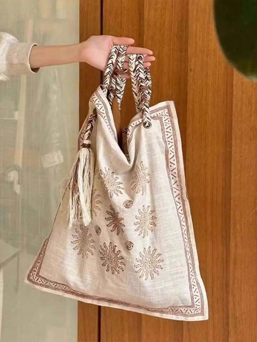 Bohemian Linen Crossbody Bag with Embroidery and Tassel, Lightweight Shoulder Bag for Women