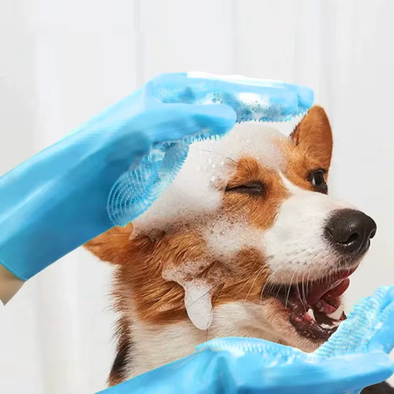 Pet Bathing Glove - Silicone Scrubber Mitt for Dogs & Cats, Massage & Deshedding, Waterproof, Bite-Resistant (Blue/Pink)
