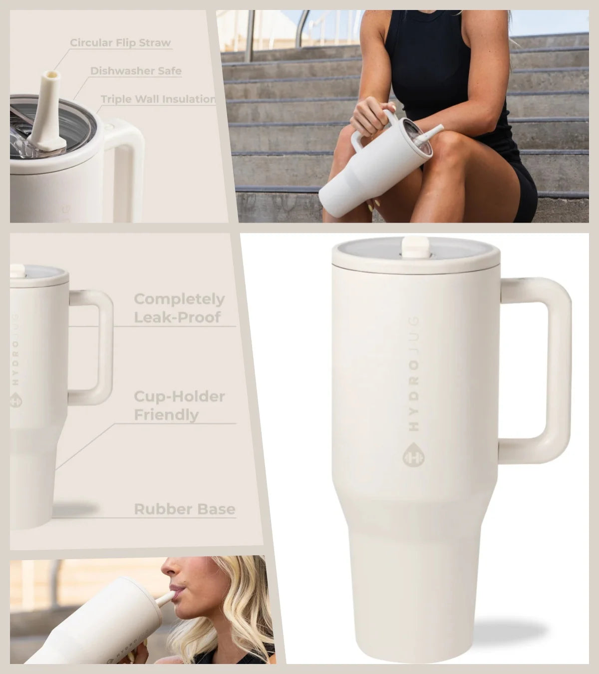 40Oz Cream Insulated Stainless Steel Water Bottle | HYD Traveler Flip Straw Tumbler with Handle
