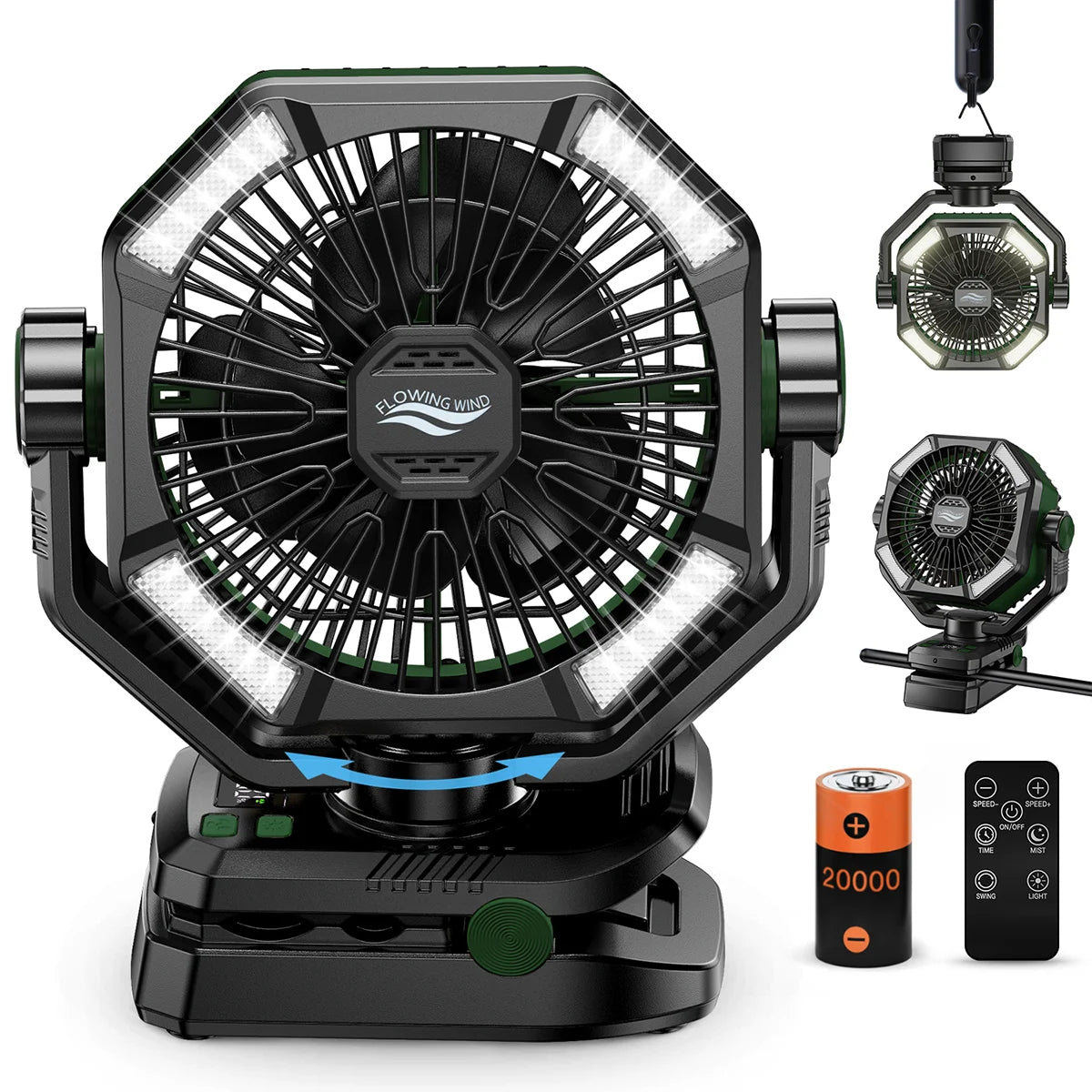 Camping Fan with Dual Motor 20000Mah Rechargeableclip Fan with Digital Display with LED Lantern for Camping Outdoor Fan