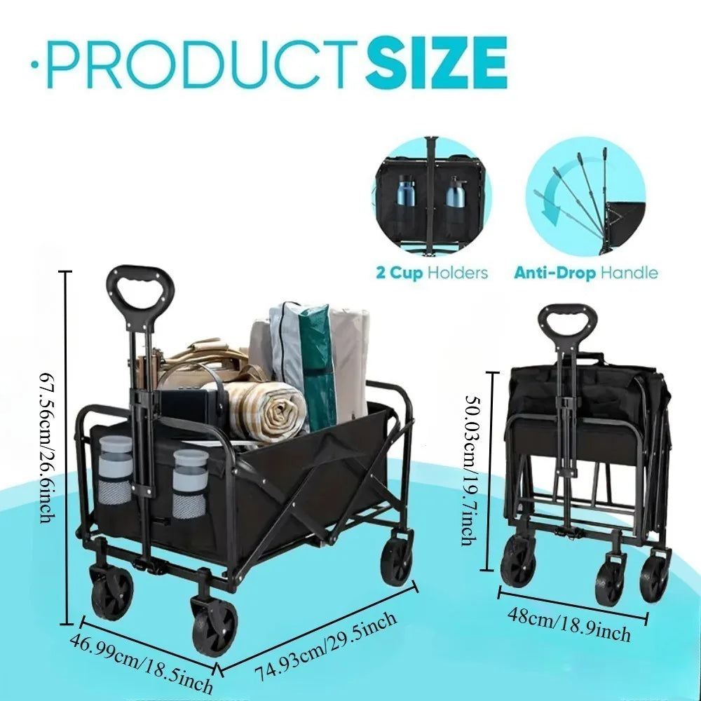 [Heavy Duty] Folding Wagon Cart | Heavy Duty | 360°All Terrain Wheels, Side Pockets, Large Capacity Collapsible | for Camping,