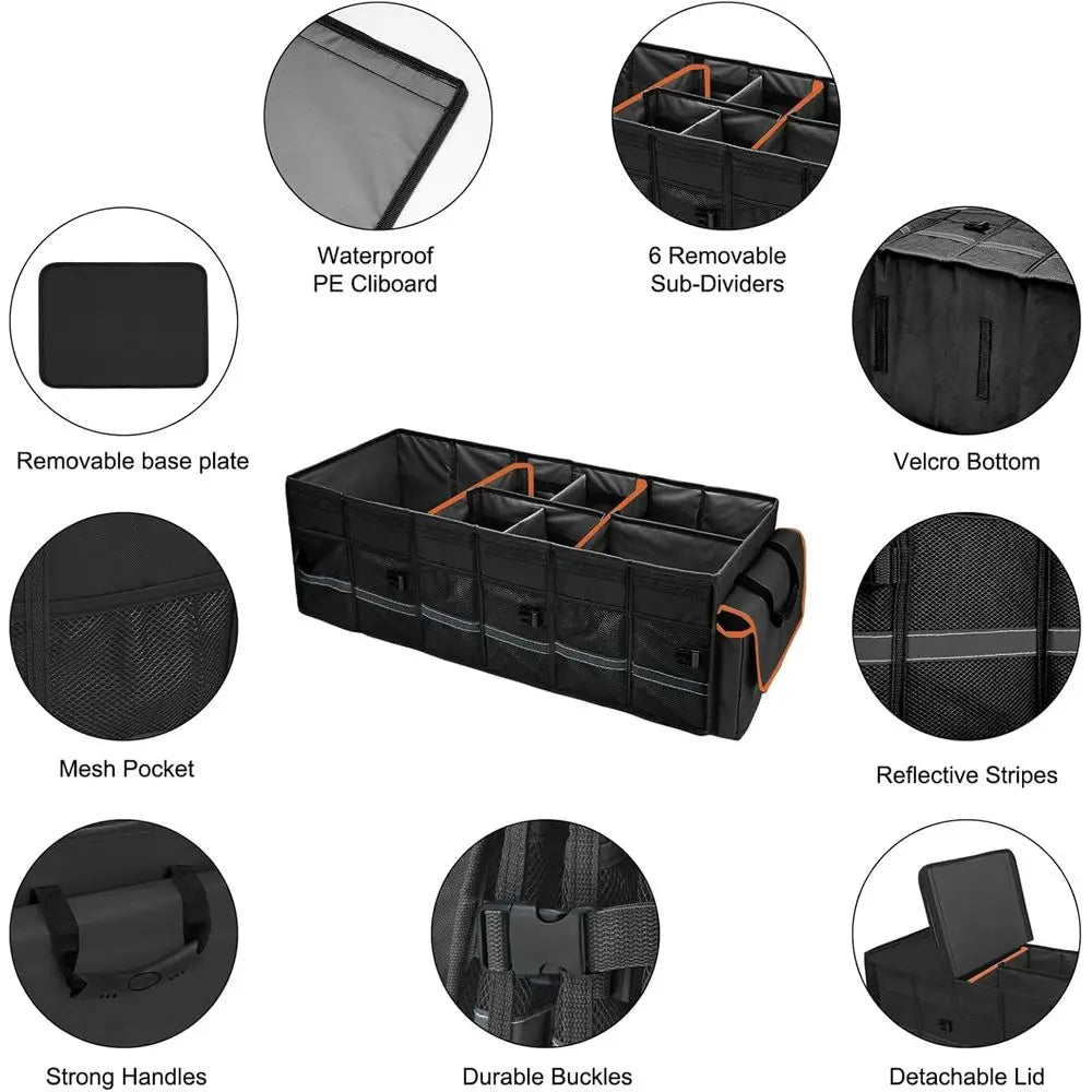 Car Trunk Organizer and Storage with Lid & Removable Leakproo Cooler Bag, Car Accories 6 Removable Dividers or Custom Space, Col