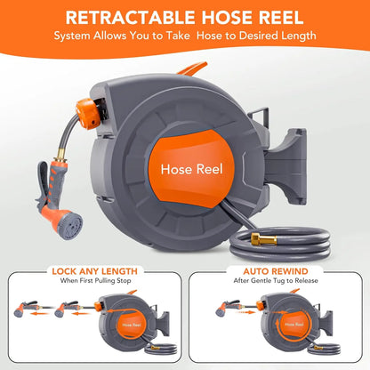 Retractable Garden Hose Reel 1/2 in X 100 FT Wall Mounted Water Hose Reels for outside with 9 Function Sprayer Nozzle