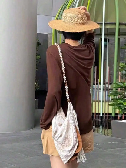 Bohemian Linen Crossbody Bag with Embroidery and Tassel, Lightweight Shoulder Bag for Women