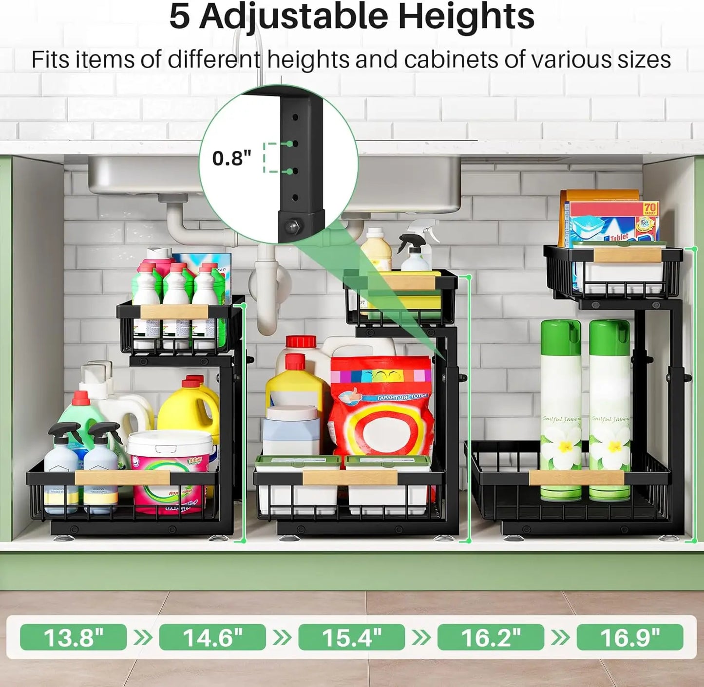2-Pack 2-Tier Slide Out under Sink Organizer, Space-Saving Storage Rack for Kitchen & Bathroom