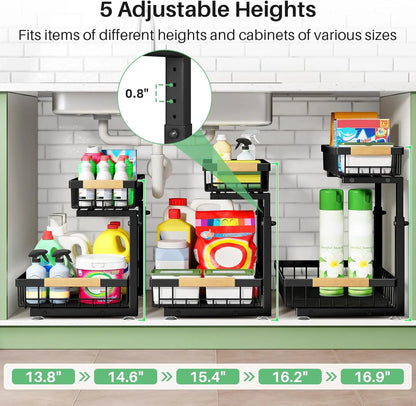 2-Pack 2-Tier Slide Out under Sink Organizer, Space-Saving Storage Rack for Kitchen & Bathroom