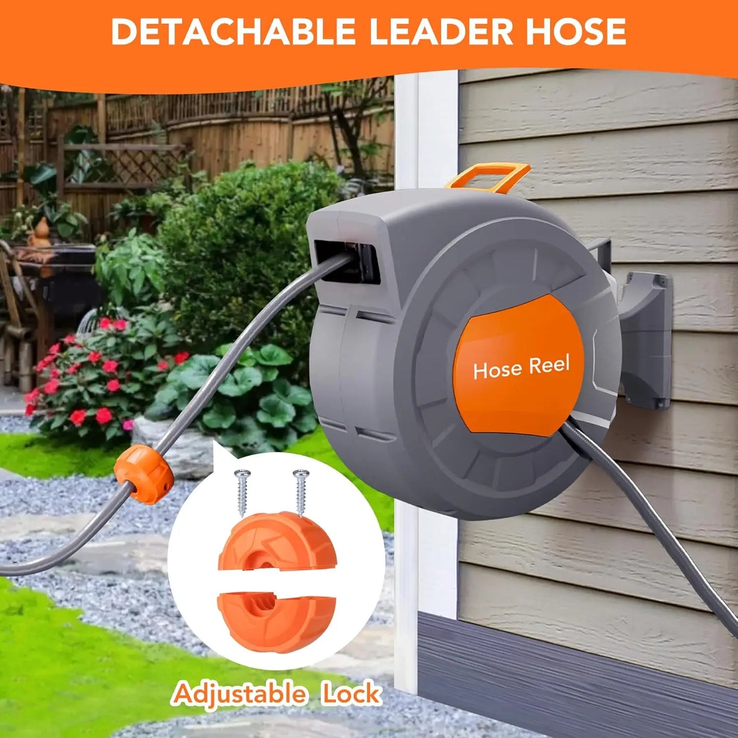 Retractable Garden Hose Reel 1/2 in X 100 FT Wall Mounted Water Hose Reels for outside with 9 Function Sprayer Nozzle