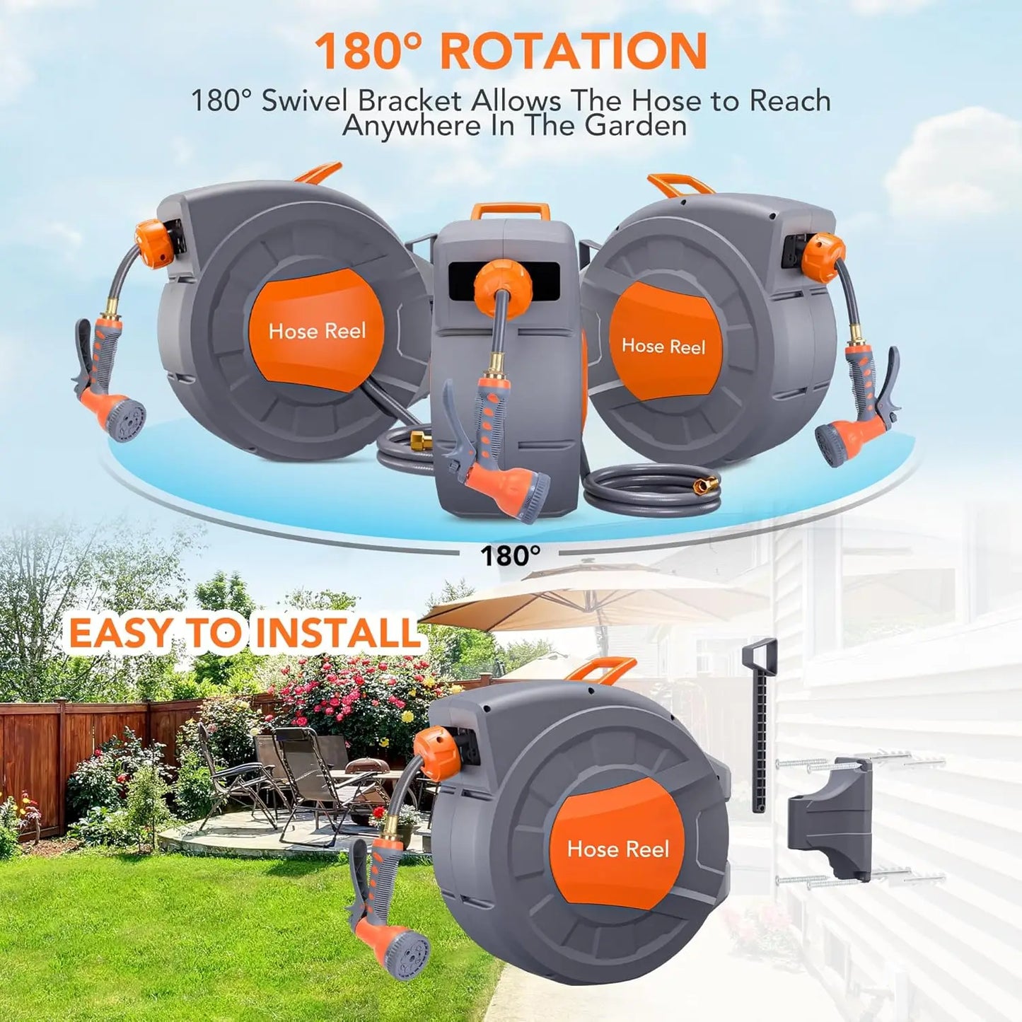 Retractable Garden Hose Reel 1/2 in X 100 FT Wall Mounted Water Hose Reels for outside with 9 Function Sprayer Nozzle