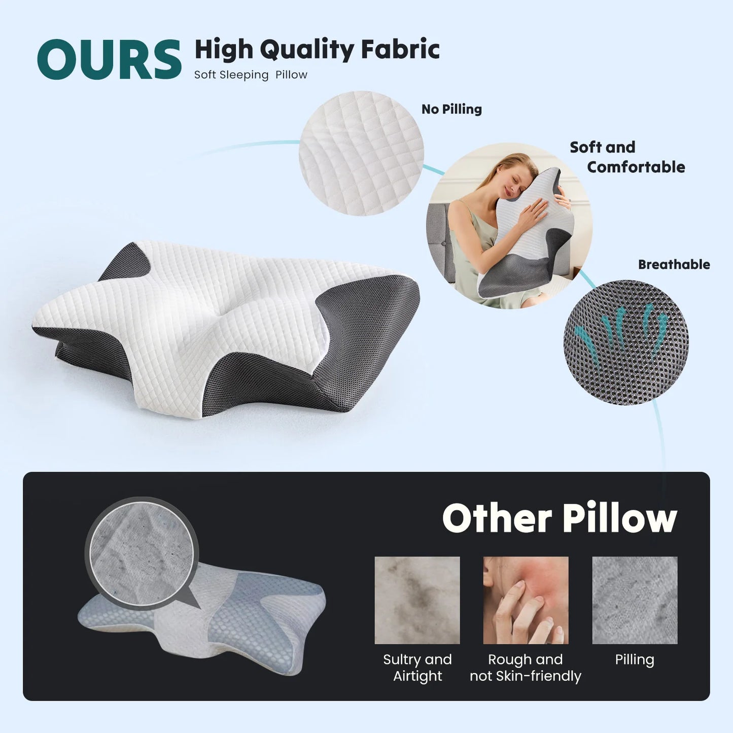 Ergonomic 23.6" Largex13.8" Wide Cervical Neck Pillow Memory Foam Pillow with Cooling Pillowcase Cervical Contour Pillows