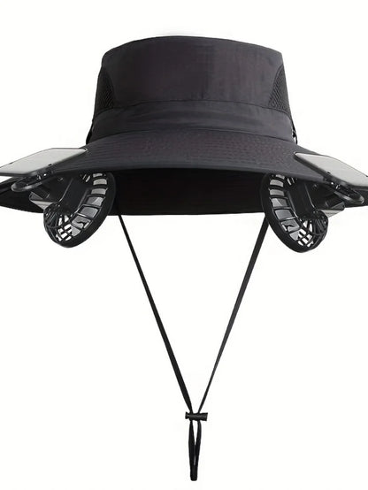 Solar Powered Cooling Fan Sun Hat Wide Brim UV Protection Bucket Hat with Dual Fans for Fishing Hiking Camping Outdoor