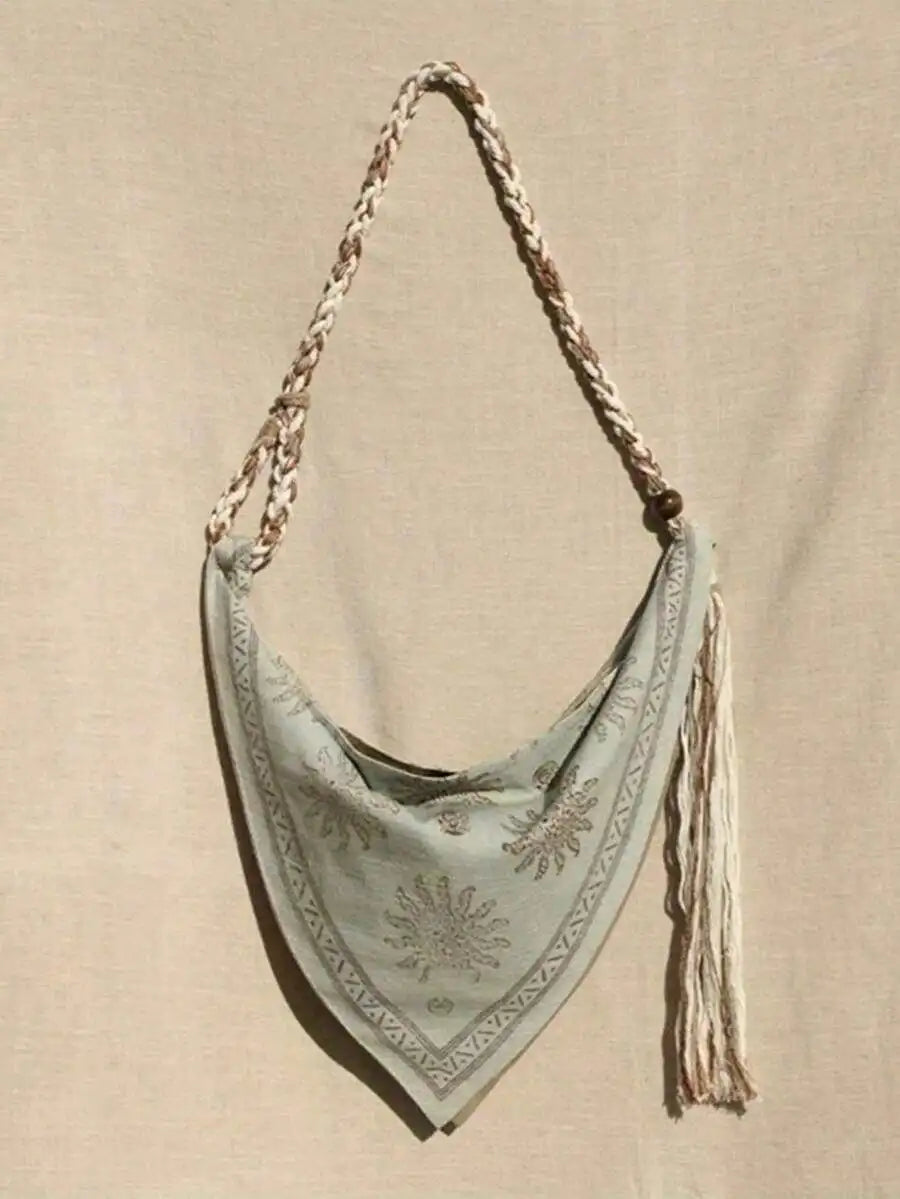 Bohemian Linen Crossbody Bag with Embroidery and Tassel, Lightweight Shoulder Bag for Women