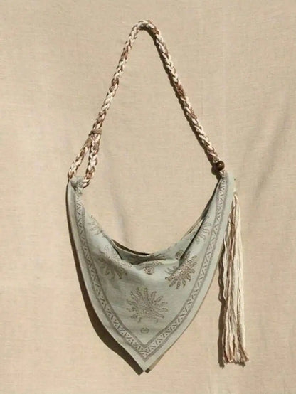 Bohemian Linen Crossbody Bag with Embroidery and Tassel, Lightweight Shoulder Bag for Women