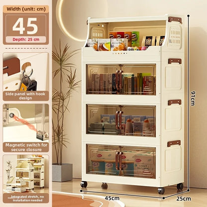 3/4-Tier Storage Cabinet with Wheels, Freestanding Kitchen Pantry Organizer with Flip Top & Transparent Doors, Plastic Rolling Storage Shelf for Snacks, Food and Home Organization
