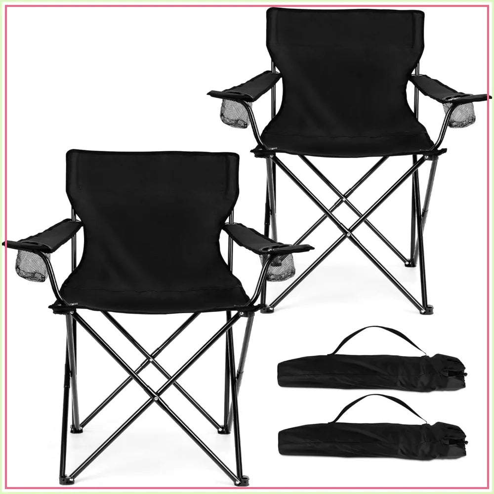 Foldable Camping Chair Set of 2, Folding Camp Chairs for Adults, Large Portable Lawn Chair for Outdoors Fishing, Hiking, Travel, Picnic, Beach, Supports 275Lbs & Include Storage Bags (Black)