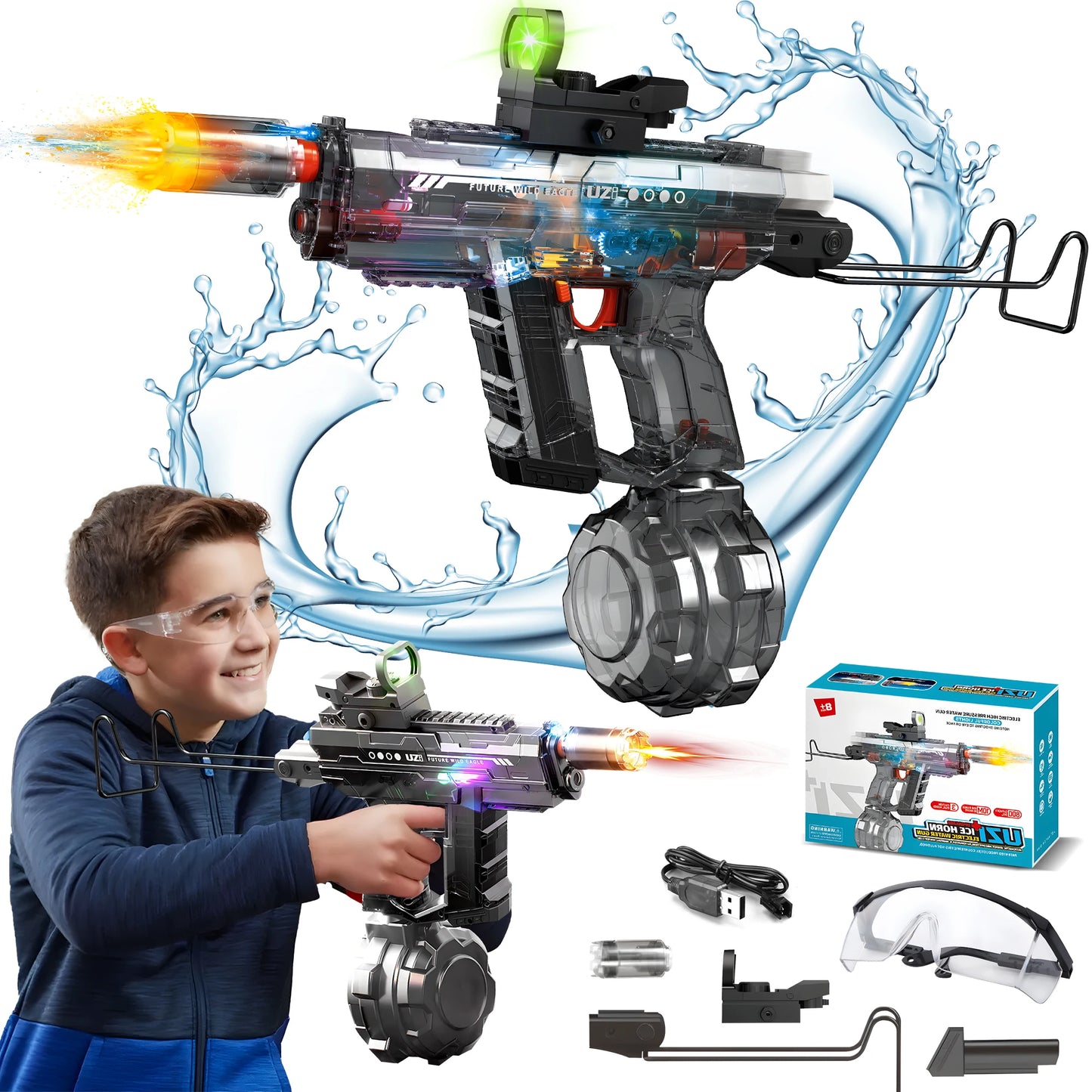 Powerful Electric Water Gun Automatic Manual Squirt Gun with LED Light Rechargeable Battery Powered Water Blaster 28-32 Ft Range Large Capacity Tank for Outdoor Pool Beach Battle Play