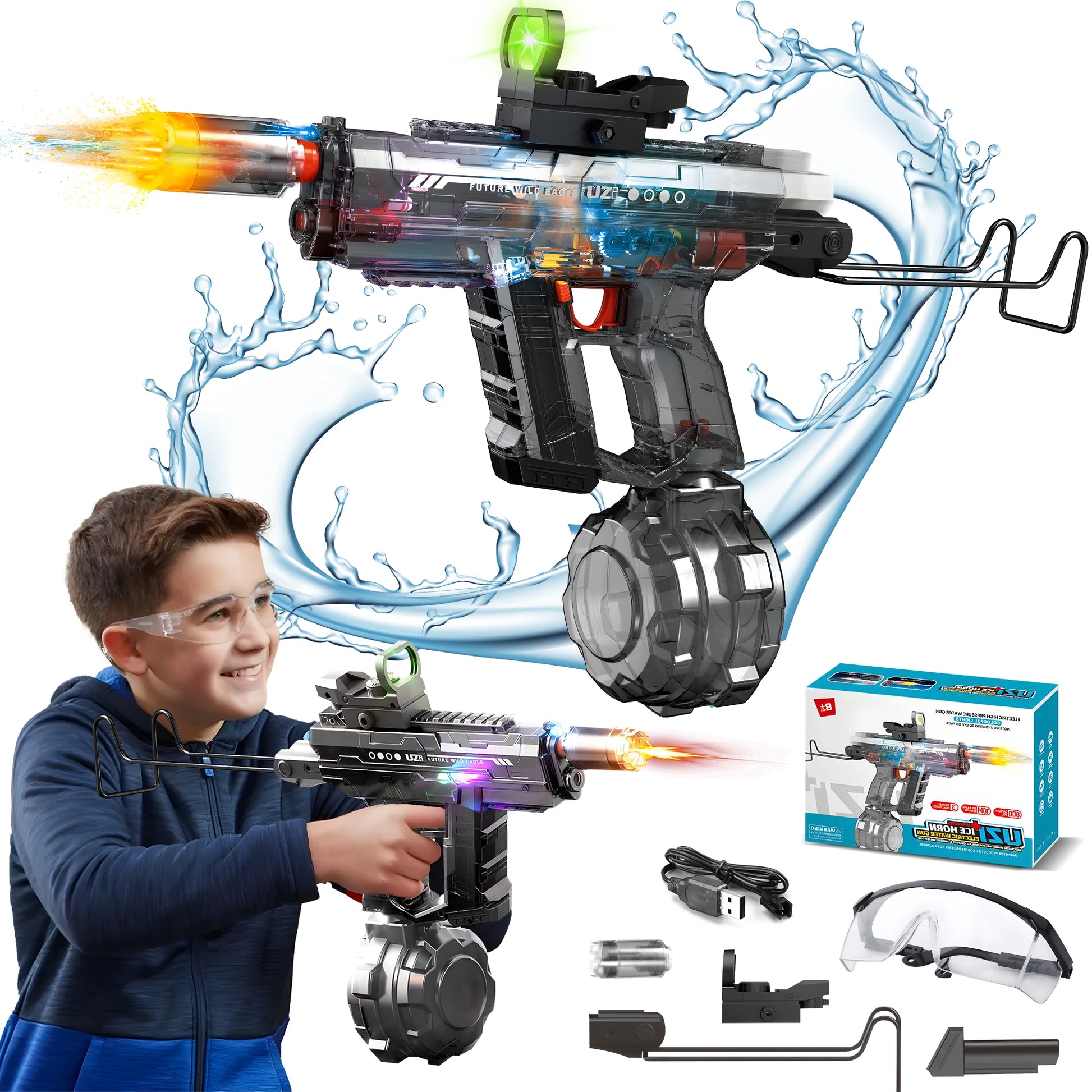 Powerful Electric Water Gun Automatic Manual Squirt Gun with LED Light Rechargeable Battery Powered Water Blaster 28-32 Ft Range Large Capacity Tank for Outdoor Pool Beach Battle Play