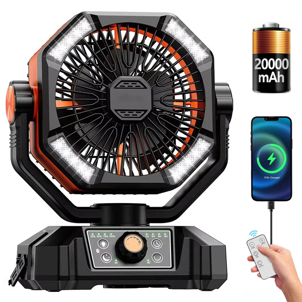 Camping Fan with Dual Motor 20000Mah Rechargeableclip Fan with Digital Display with LED Lantern for Camping Outdoor Fan