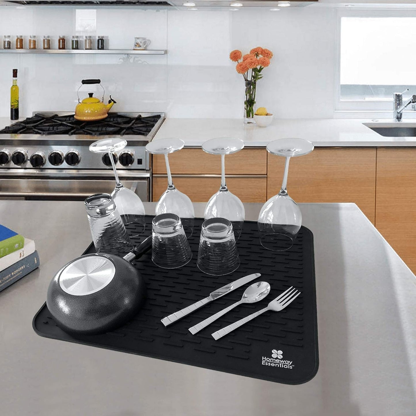Silicone Dish Drying Mat - 21 X 18 - Extra Large Dish Drying Mat, Counter Top Mat, Dish Draining Mat, Sink Mat, Large Silicone Trivet (EXTRA LARGE, BLACK)