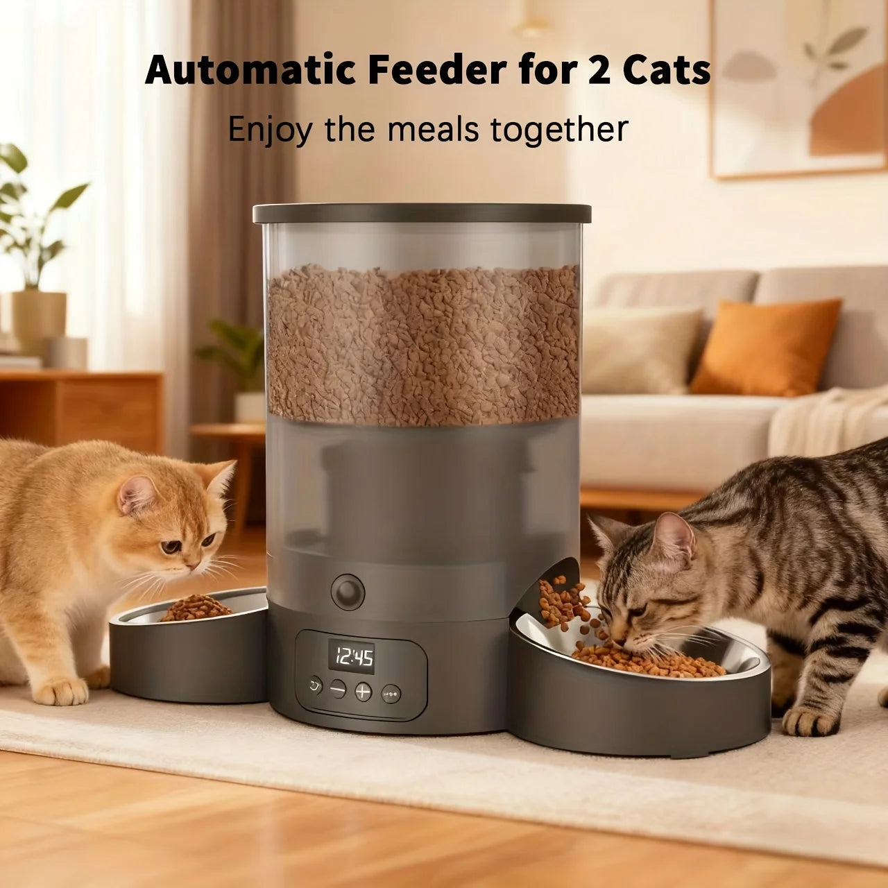 102.5Oz Automatic Cat Feeder, 3L Capacity, Button Operation, Timed and Quantitative Feeding, Cat and Dog Feeder, Set 1-6 Times of Feeding, Moisture-Proof and Fresh Lock, Dual Power Supply, Stainless Steel Food Bowl, Suitable for Multi Pet Families