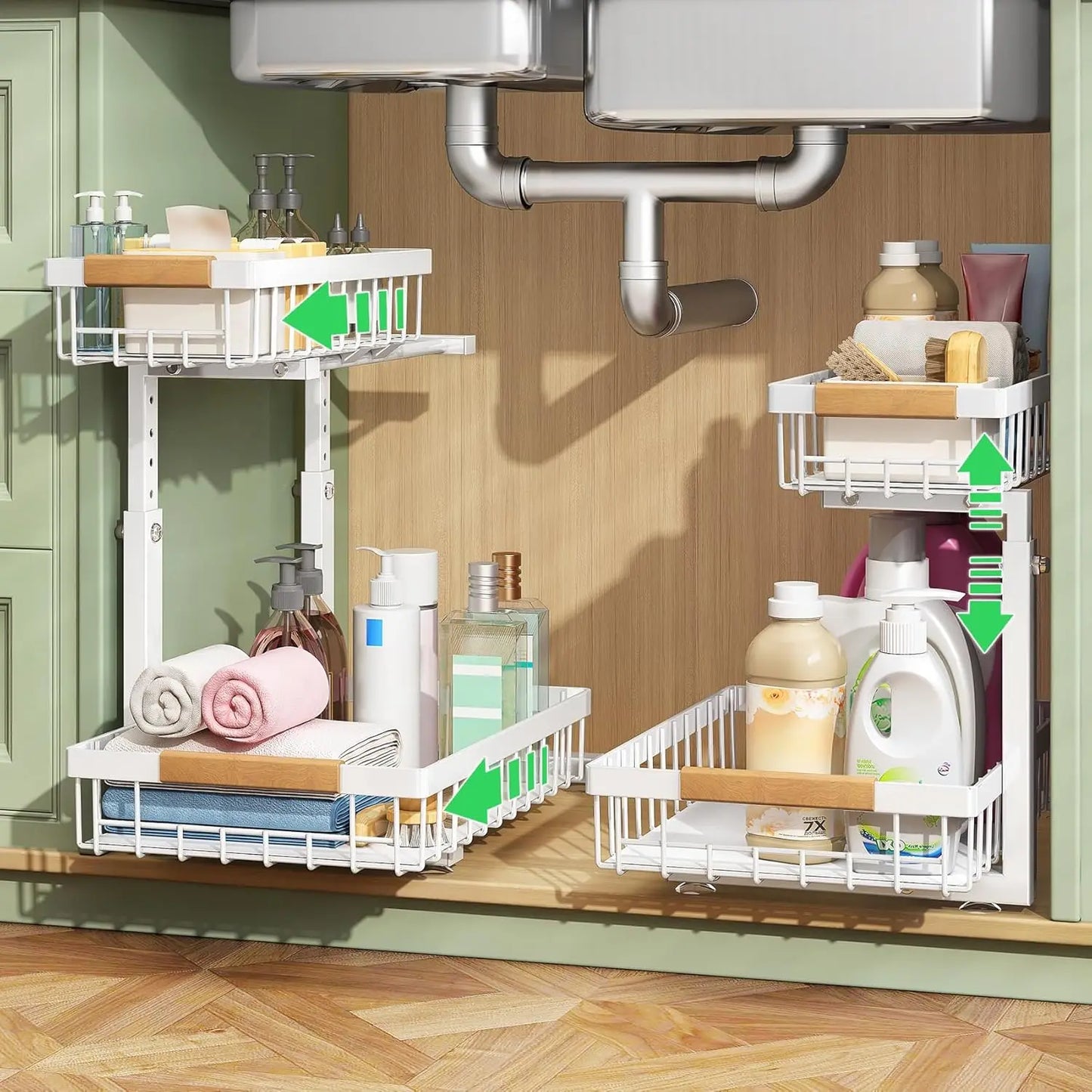 2-Pack 2-Tier Slide Out under Sink Organizer, Space-Saving Storage Rack for Kitchen & Bathroom