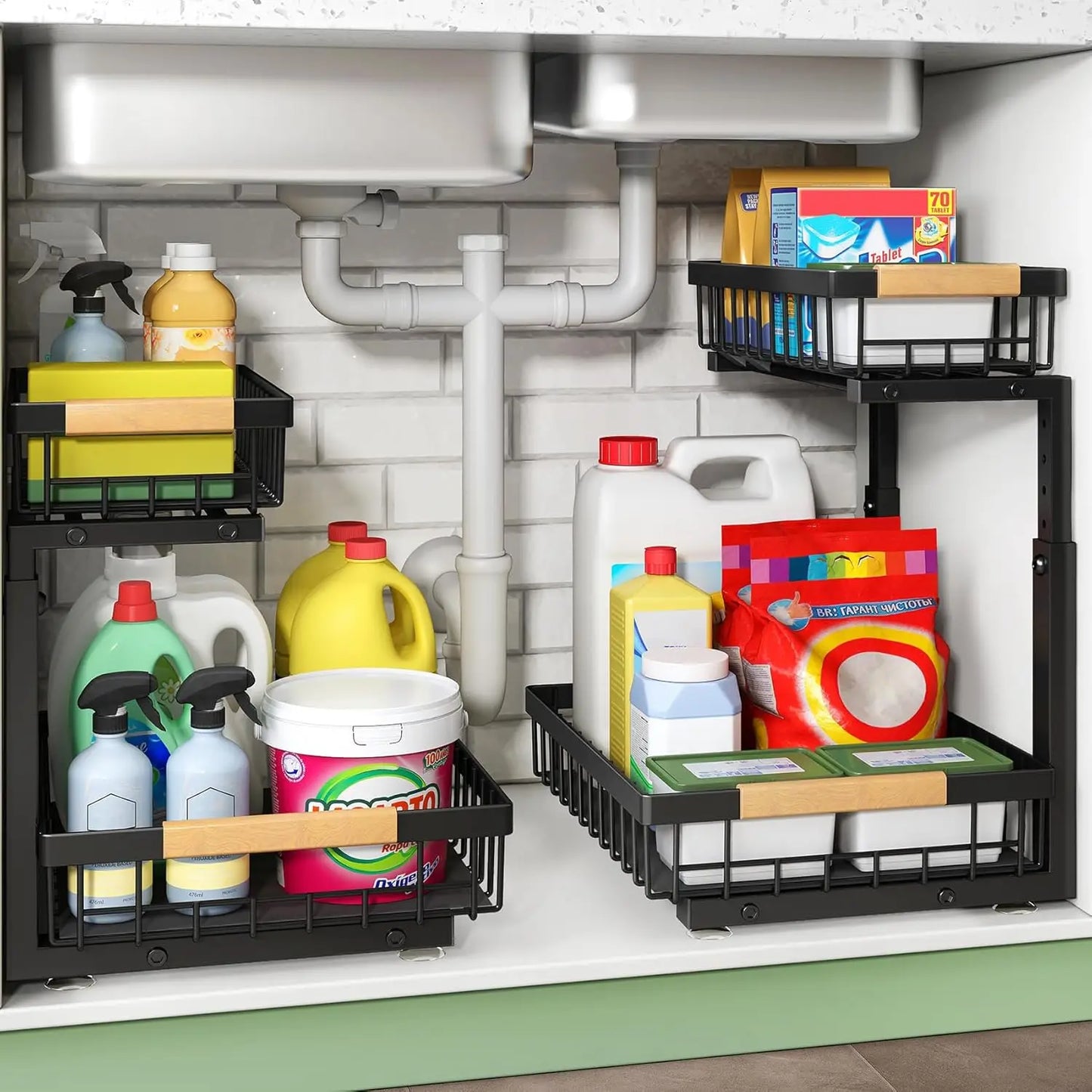 2-Pack 2-Tier Slide Out under Sink Organizer, Space-Saving Storage Rack for Kitchen & Bathroom