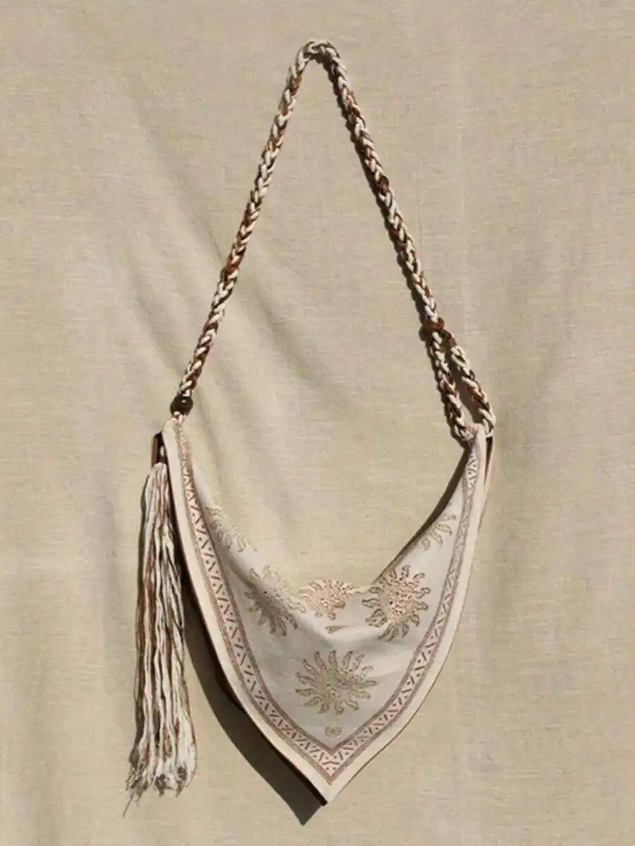 Bohemian Linen Crossbody Bag with Embroidery and Tassel, Lightweight Shoulder Bag for Women