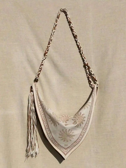 Bohemian Linen Crossbody Bag with Embroidery and Tassel, Lightweight Shoulder Bag for Women