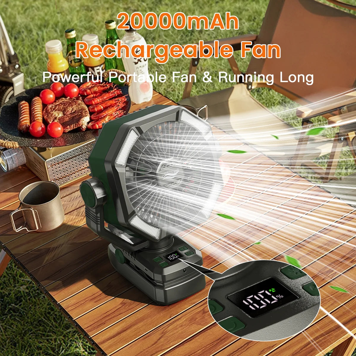Camping Fan with Dual Motor 20000Mah Rechargeableclip Fan with Digital Display with LED Lantern for Camping Outdoor Fan