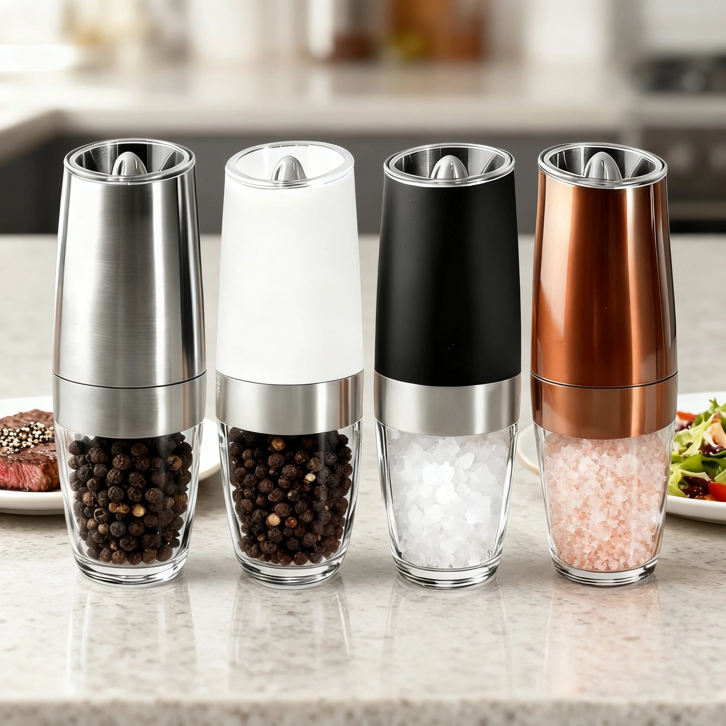 1/2Pcs Gravity Electric Pepper and Salt Stainless Steel Grinder Set with Adjustable Coarseness Operated LED Light