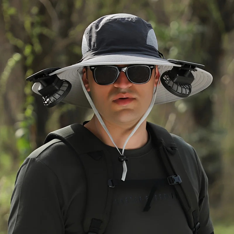 Solar Powered Cooling Fan Sun Hat Wide Brim UV Protection Bucket Hat with Dual Fans for Fishing Hiking Camping Outdoor