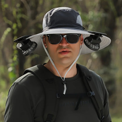 Solar Powered Cooling Fan Sun Hat Wide Brim UV Protection Bucket Hat with Dual Fans for Fishing Hiking Camping Outdoor
