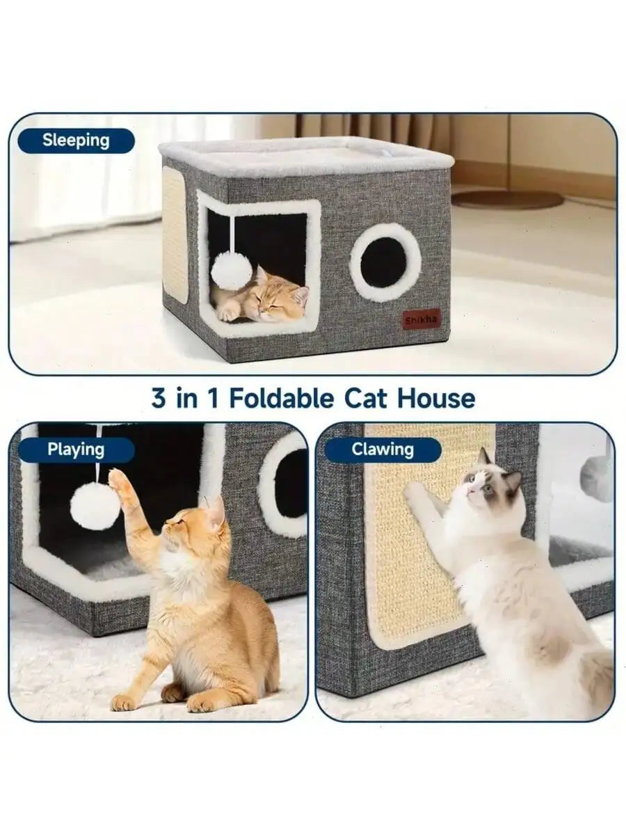 4-Season Multi-Level Cat House: Foldable Indoor Play Cube with 2-Layer Bed, Toy Tunnel, Scratching Board, Climbing Rope, Soft Cushions, and Non-Slip Base - Perfect Cat Cave & Warm Bed for Small to Large Cats (Grey）