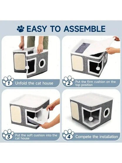 4-Season Multi-Level Cat House: Foldable Indoor Play Cube with 2-Layer Bed, Toy Tunnel, Scratching Board, Climbing Rope, Soft Cushions, and Non-Slip Base - Perfect Cat Cave & Warm Bed for Small to Large Cats (Grey）