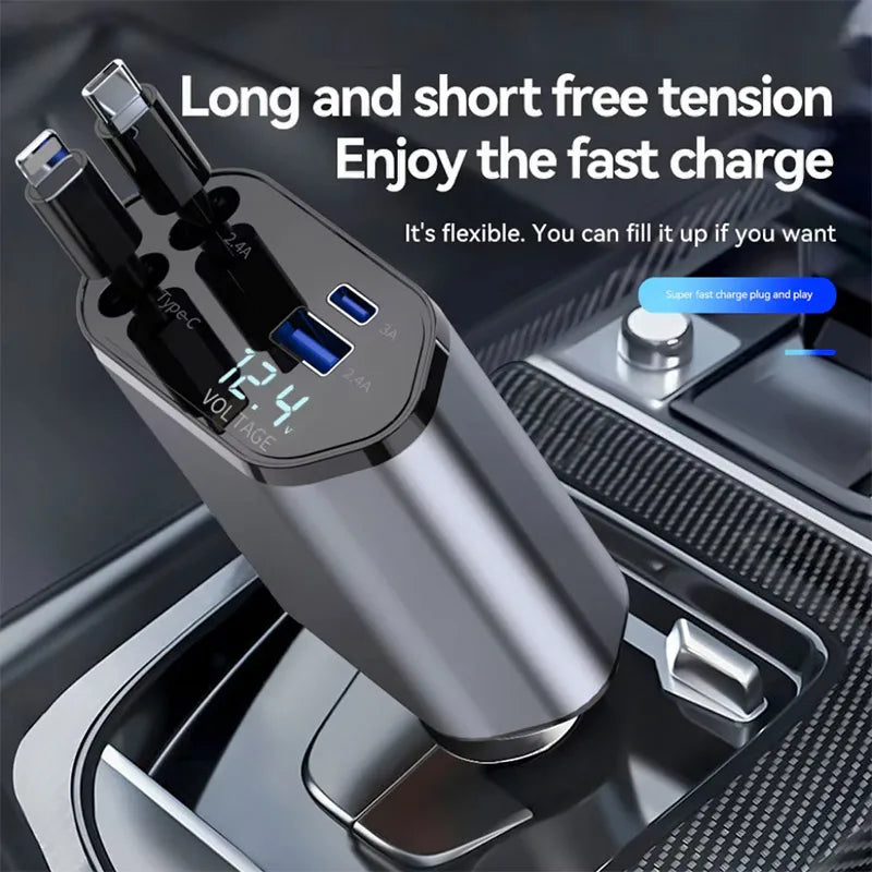 120W 4 in 1 Car Charger Retractable Car Cigarette Lighter Adapter USB Type C Fast Charger Cable for Iphone Xiaomi Huawei Samsung