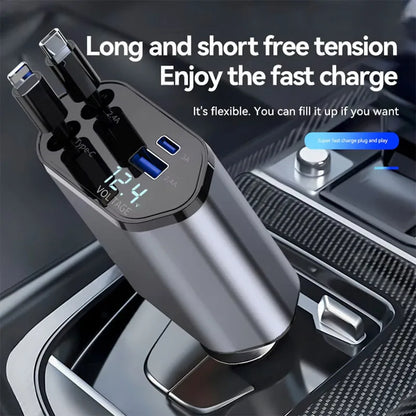 120W 4 in 1 Car Charger Retractable Car Cigarette Lighter Adapter USB Type C Fast Charger Cable for Iphone Xiaomi Huawei Samsung