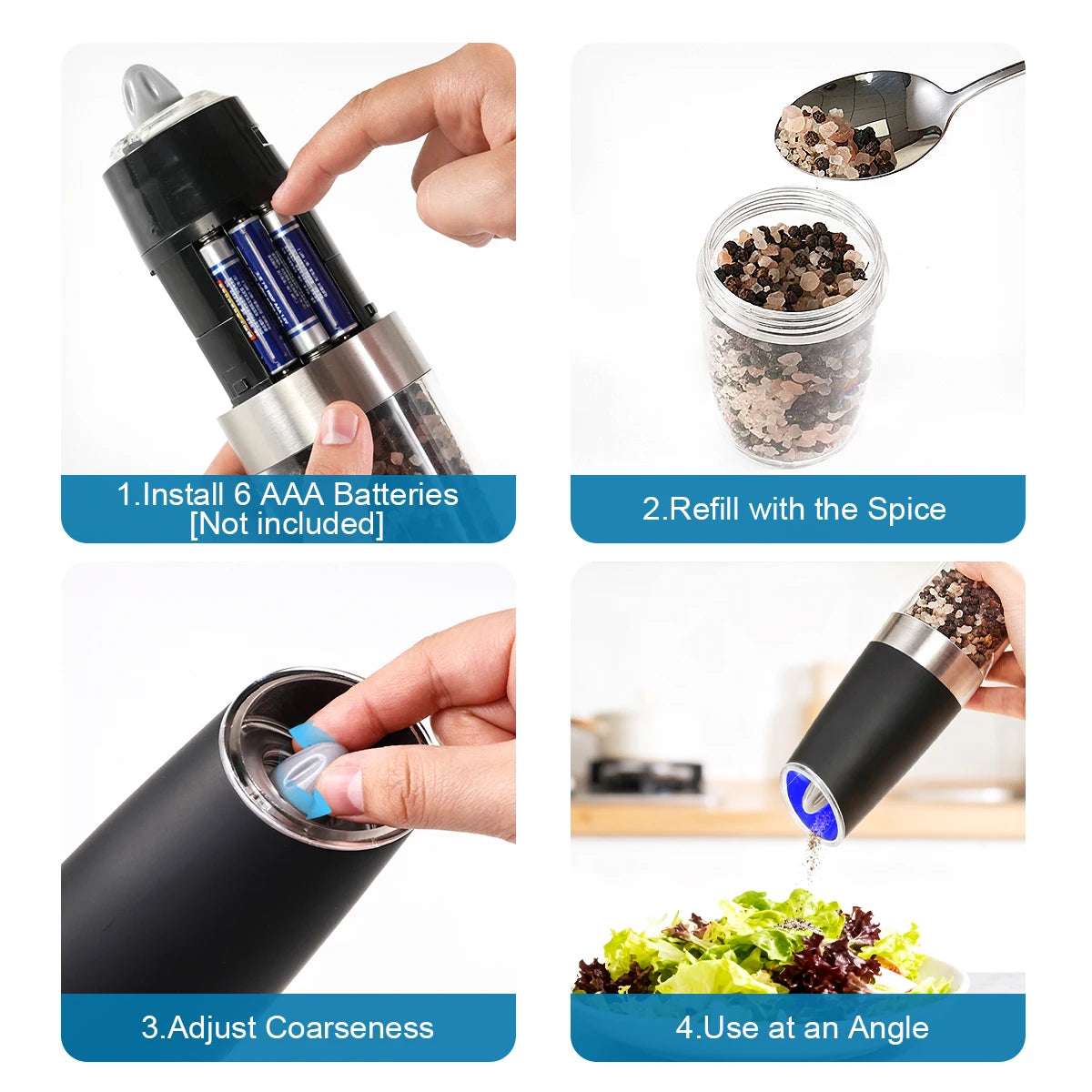 1/2Pcs Gravity Electric Pepper and Salt Stainless Steel Grinder Set with Adjustable Coarseness Operated LED Light
