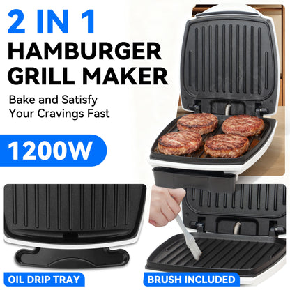 Hamburger Panini Press, Breakfast Sandwich Maker Press, Non-Stick Coated Grill Cheese Sandwich Maker, 1200W, White