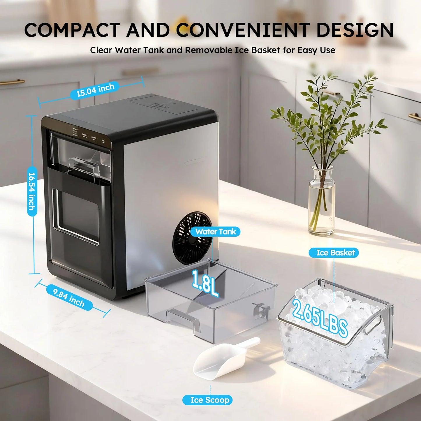 Nugget Ice Maker Countertop 44Bs/24H Self-Cleaning Chewable Pellet Ice Machine with Ice Scoop & Basket for Home/Kitchen/Party