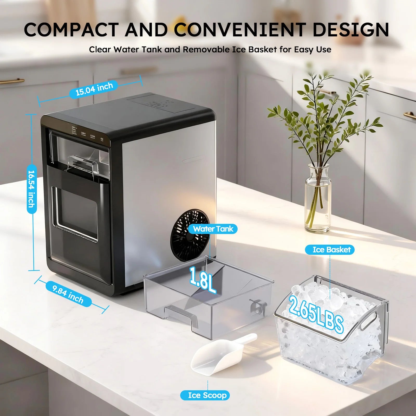 Nugget Ice Maker Countertop 44Bs/24H Self-Cleaning Chewable Pellet Ice Machine with Ice Scoop & Basket for Home/Kitchen/Party
