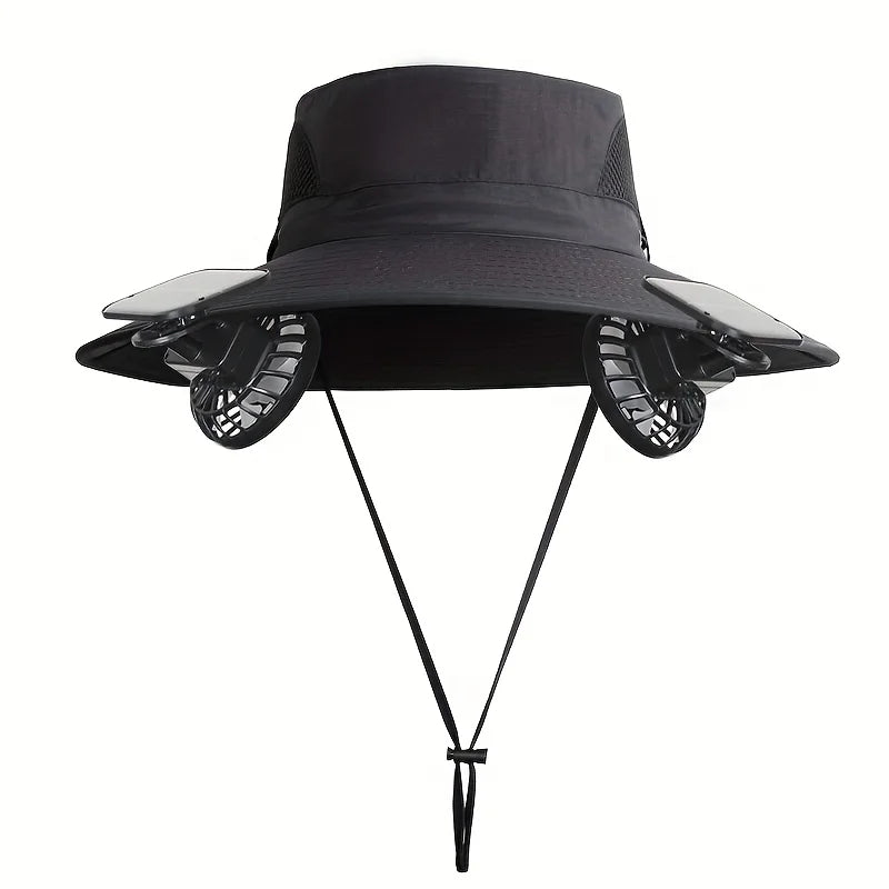 Solar Powered Cooling Fan Sun Hat Wide Brim UV Protection Bucket Hat with Dual Fans for Fishing Hiking Camping Outdoor