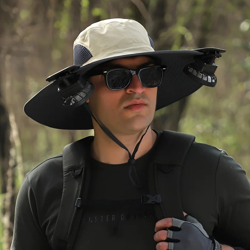 Solar Powered Cooling Fan Sun Hat Wide Brim UV Protection Bucket Hat with Dual Fans for Fishing Hiking Camping Outdoor