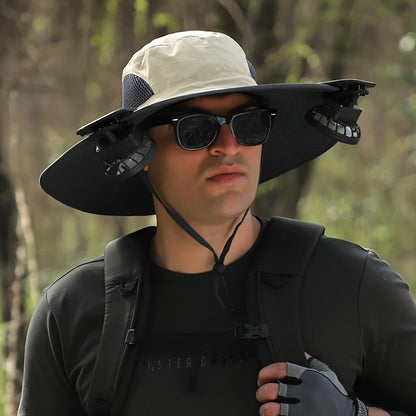 Solar Powered Cooling Fan Sun Hat Wide Brim UV Protection Bucket Hat with Dual Fans for Fishing Hiking Camping Outdoor