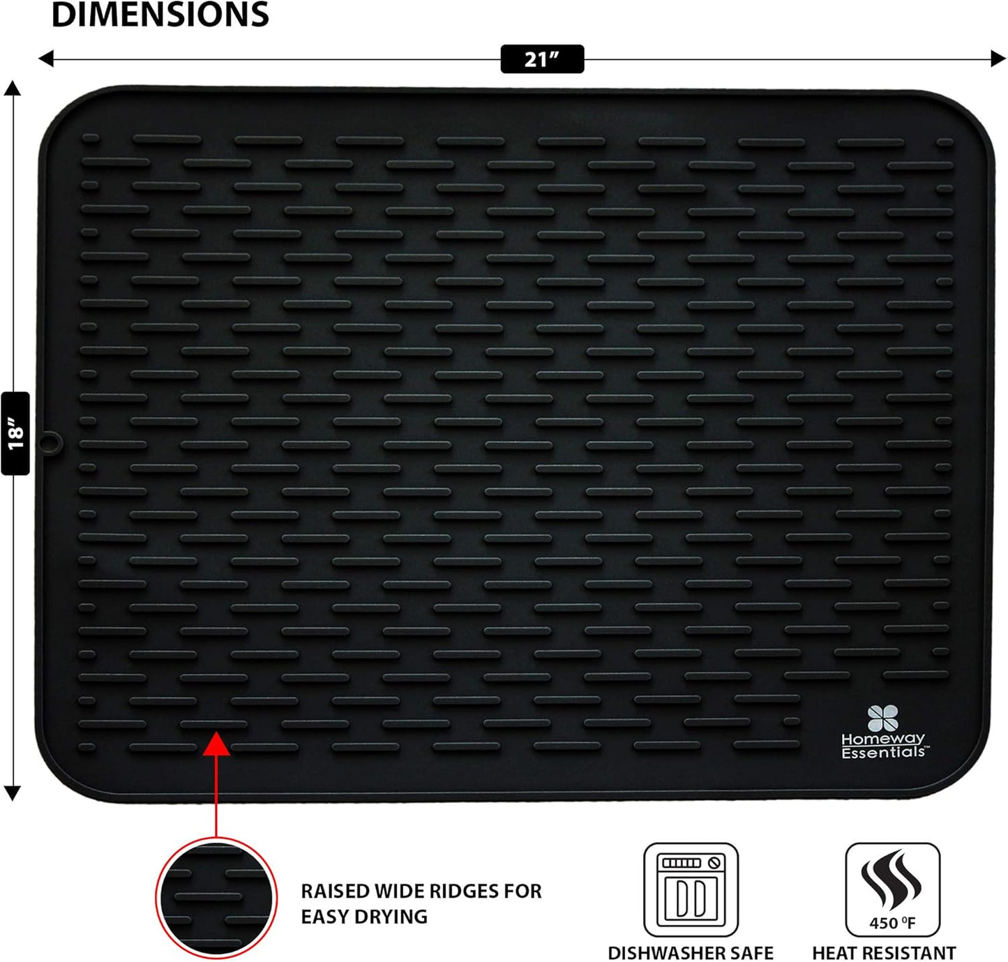 Silicone Dish Drying Mat - 21 X 18 - Extra Large Dish Drying Mat, Counter Top Mat, Dish Draining Mat, Sink Mat, Large Silicone Trivet (EXTRA LARGE, BLACK)