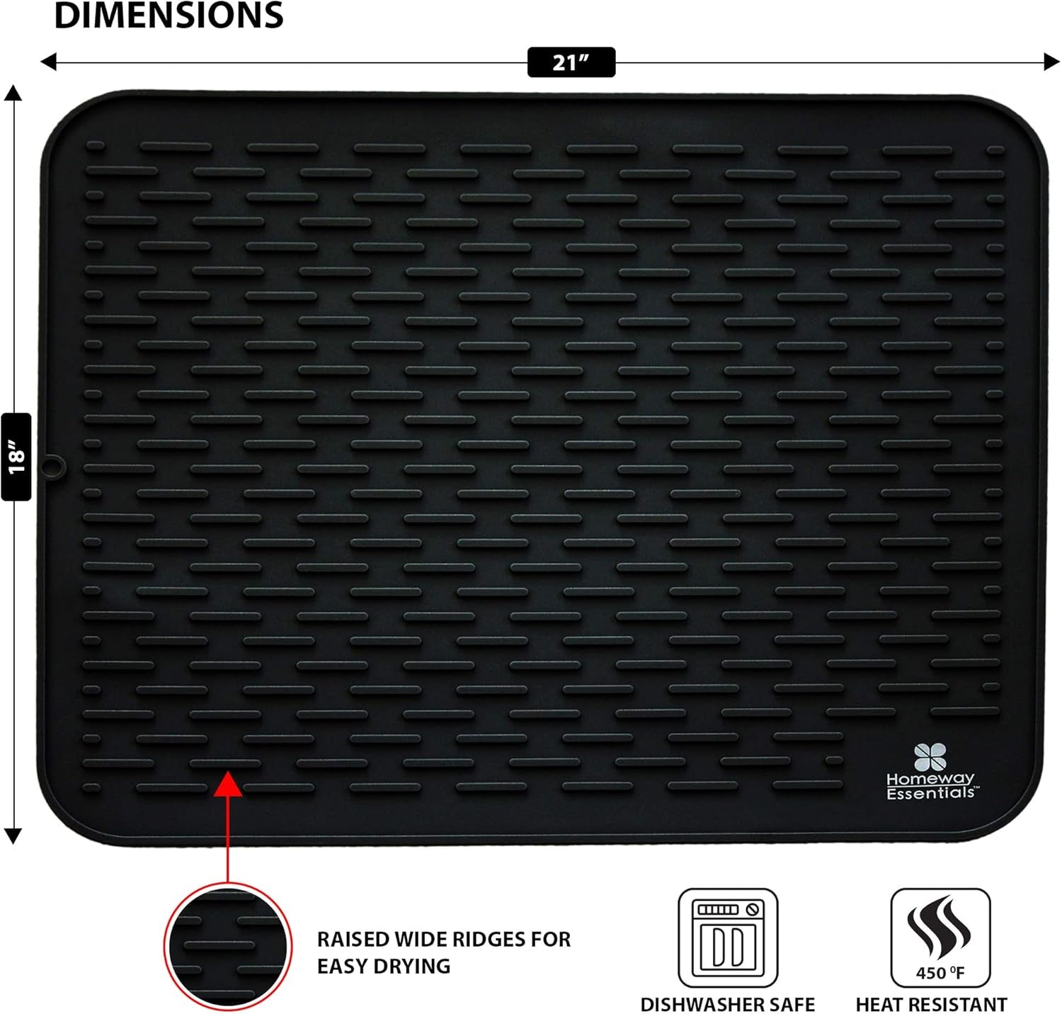 Silicone Dish Drying Mat - 21 X 18 - Extra Large Dish Drying Mat, Counter Top Mat, Dish Draining Mat, Sink Mat, Large Silicone Trivet (EXTRA LARGE, BLACK)