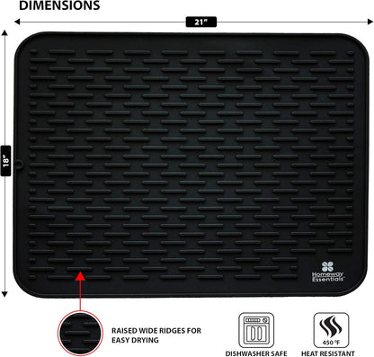Silicone Dish Drying Mat - 21 X 18 - Extra Large Dish Drying Mat, Counter Top Mat, Dish Draining Mat, Sink Mat, Large Silicone Trivet (EXTRA LARGE, BLACK)