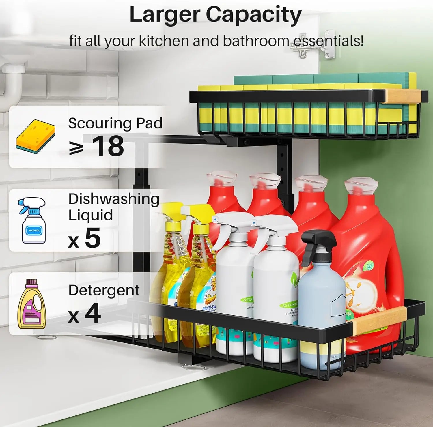 2-Pack 2-Tier Slide Out under Sink Organizer, Space-Saving Storage Rack for Kitchen & Bathroom