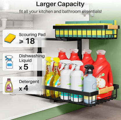 2-Pack 2-Tier Slide Out under Sink Organizer, Space-Saving Storage Rack for Kitchen & Bathroom